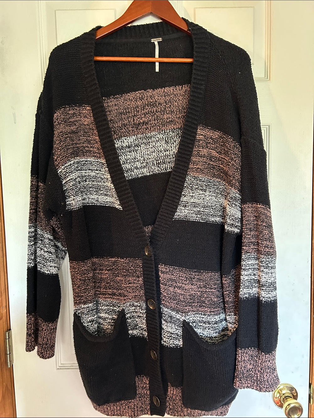 Free People Black and Heathered Pink Striped Button-Up Cardigan
